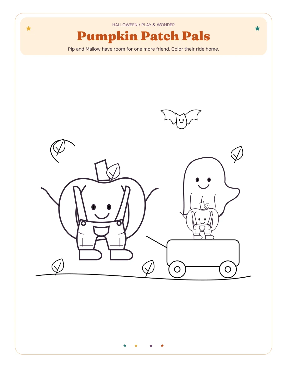 Pumpkin Patch Pals coloring page with illustrated pumpkin wagon scene