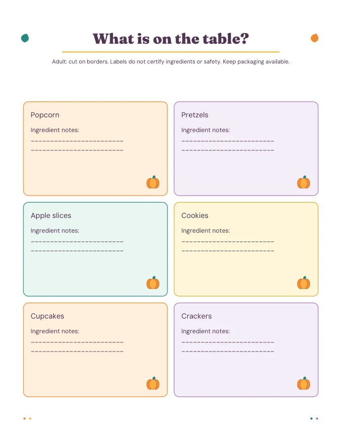 Actual PDF page from Pumpkin Party Food Labels